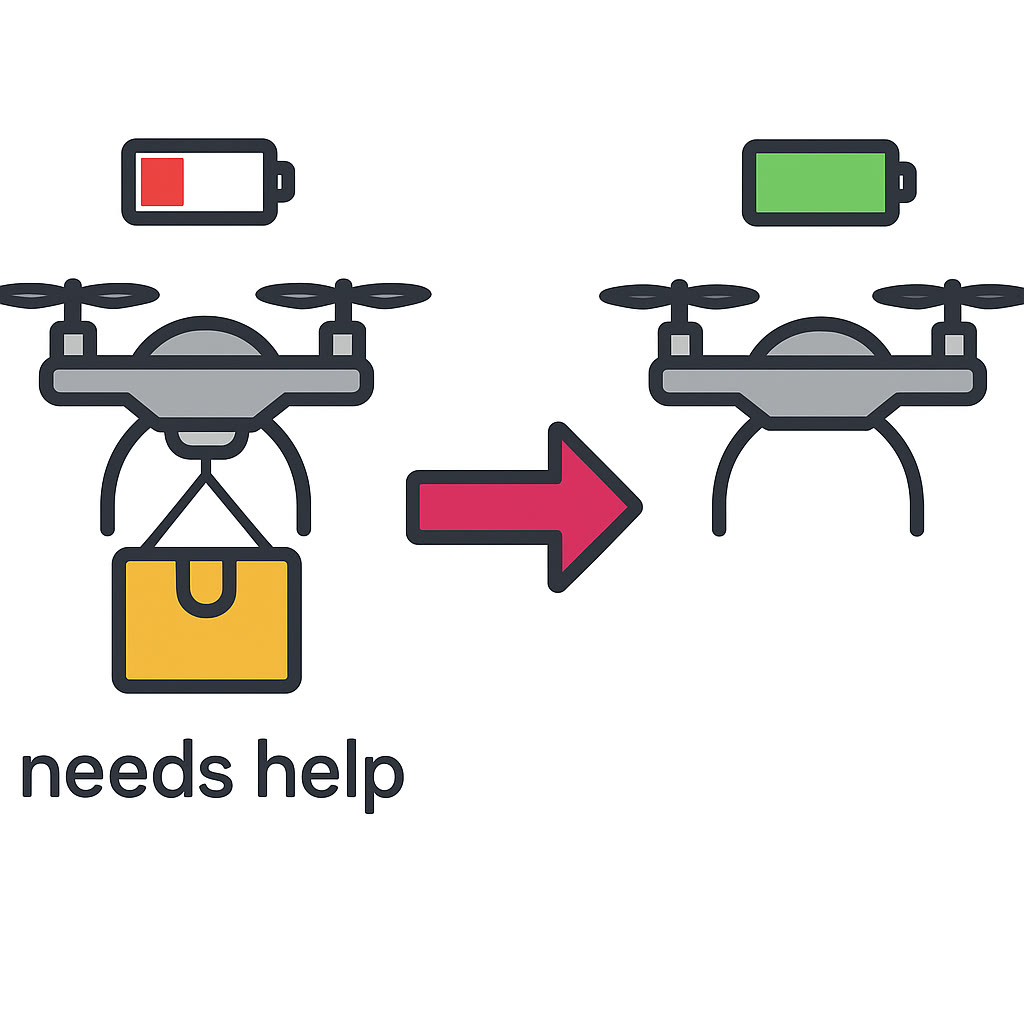A drone low on battery hands its package to one with charge remaining.