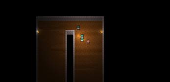 A larger chamber with a doorway cut into the wall, the player alongside two of the green entities.