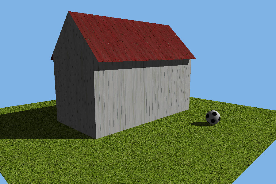 A textured scene with wood siding, a shingled roof, and grass, all from texture-mapped geometry.